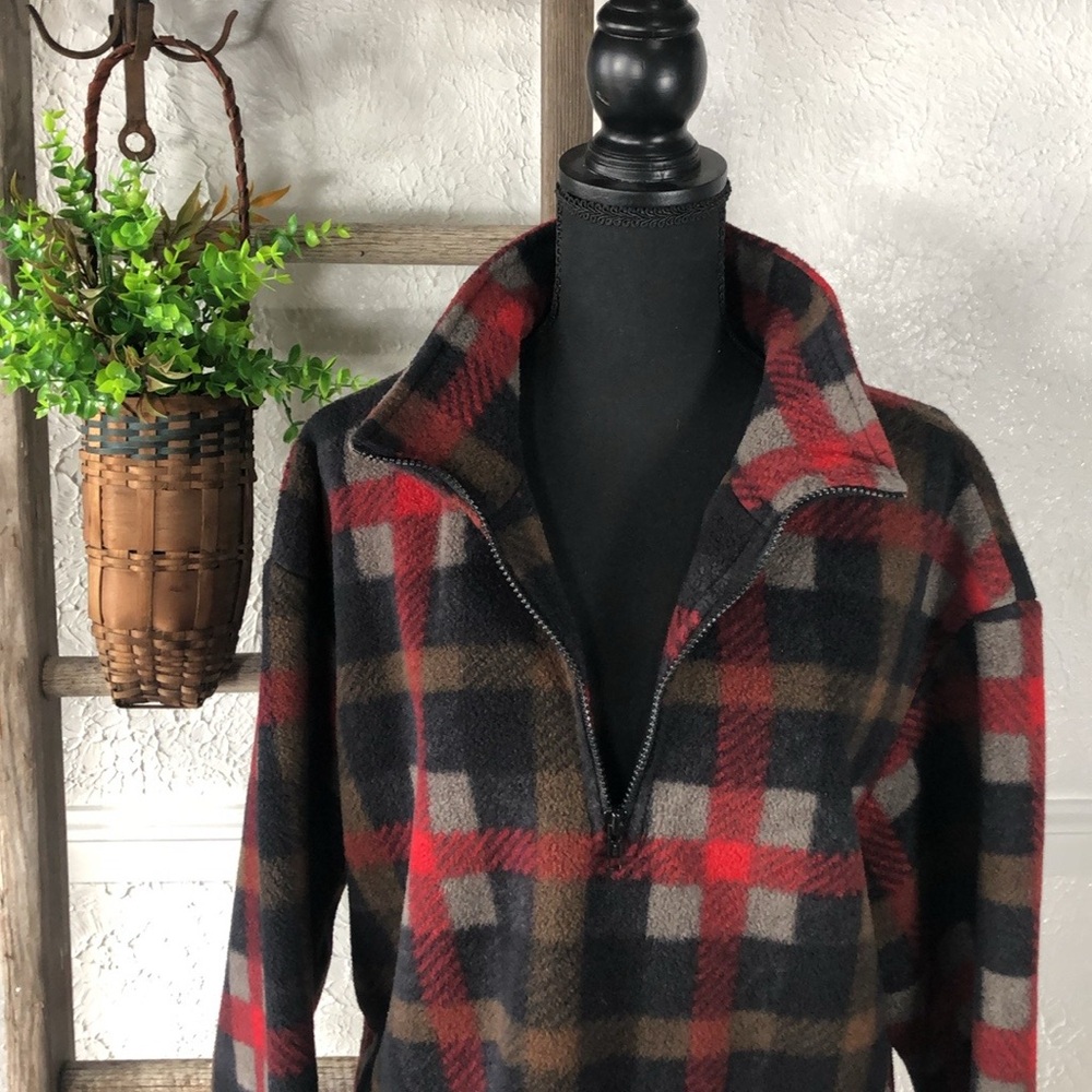 J Crew Plaid Polar Fleece Quarter Zip Over Jacket Red Black Unisex Fleece - Picture 3 of 16